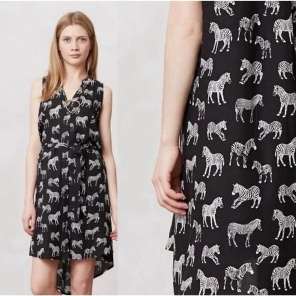 Anthropologie Porridge Zebra High Low Sleeveless Dress Black Size 8 Button Down